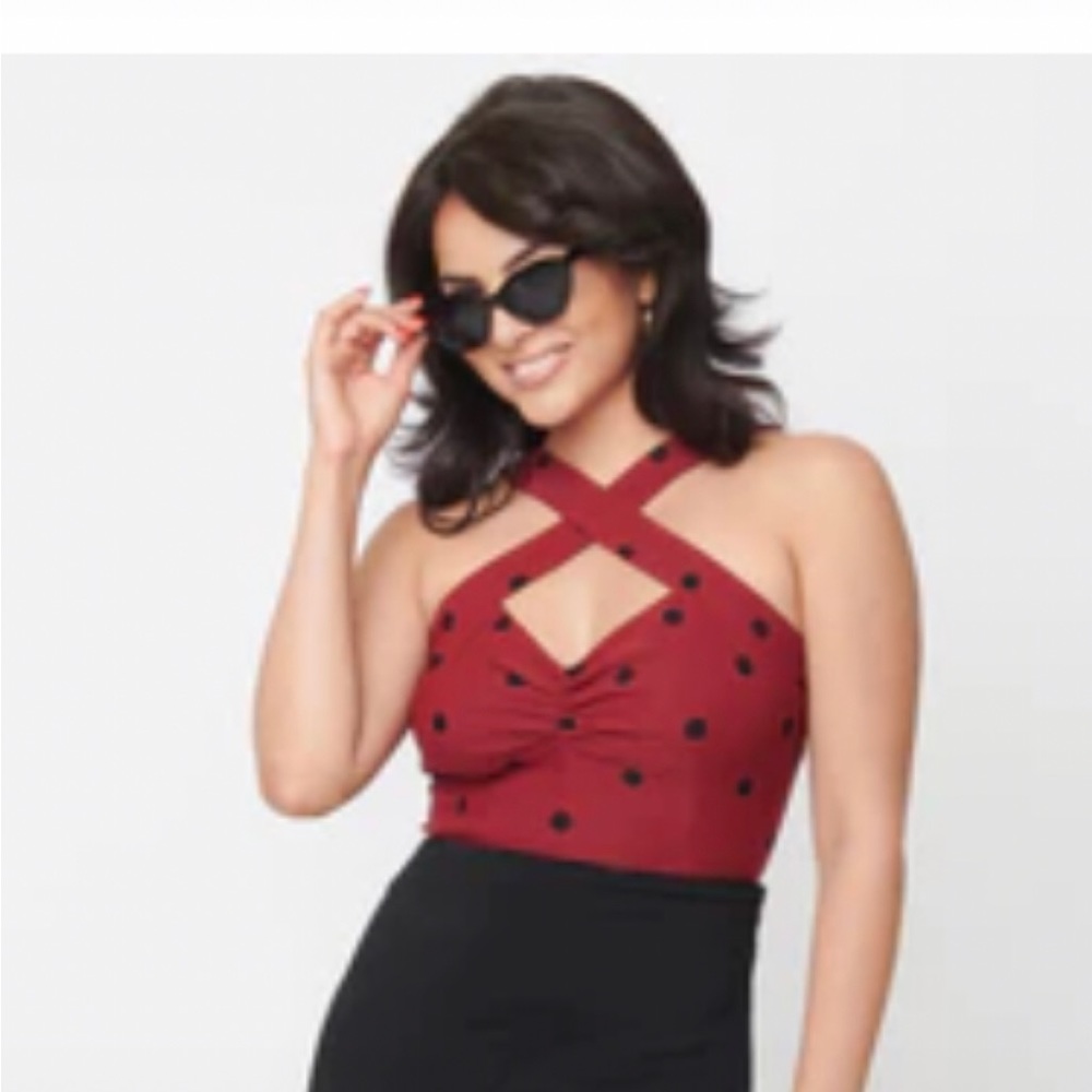 NWT Unique Vintage Burgundy & Black Polka Dots Porter Top
